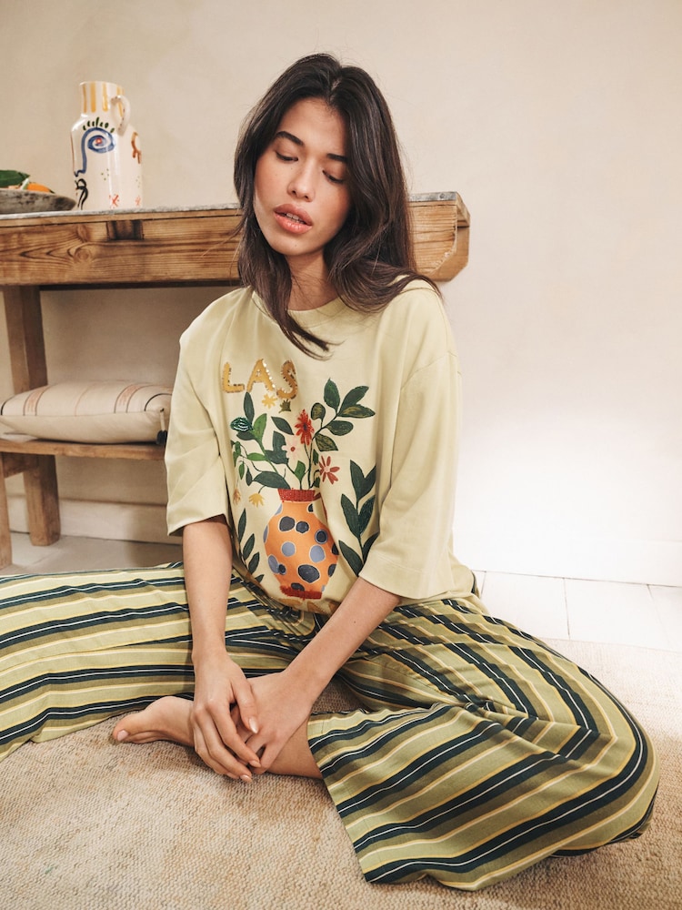 Grün gestreift - Grafik Kurzarm-Pyjamas - Bild 2 von 9