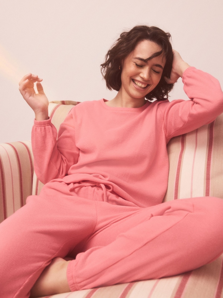 Bright Pink Cosy Waffle Long Sleeve Pyjamas - Image 1 of 8