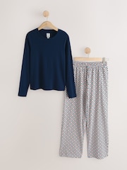 Navy Geo Ribbed Long Sleeve Pyjamas - Image 1 of 3