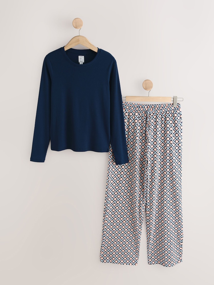 Navy Geo Ribbed Long Sleeve Pyjamas - Image 1 of 3 Navy Geo Ribbed Long Sleeve Pyjamas - Image 1 of 3