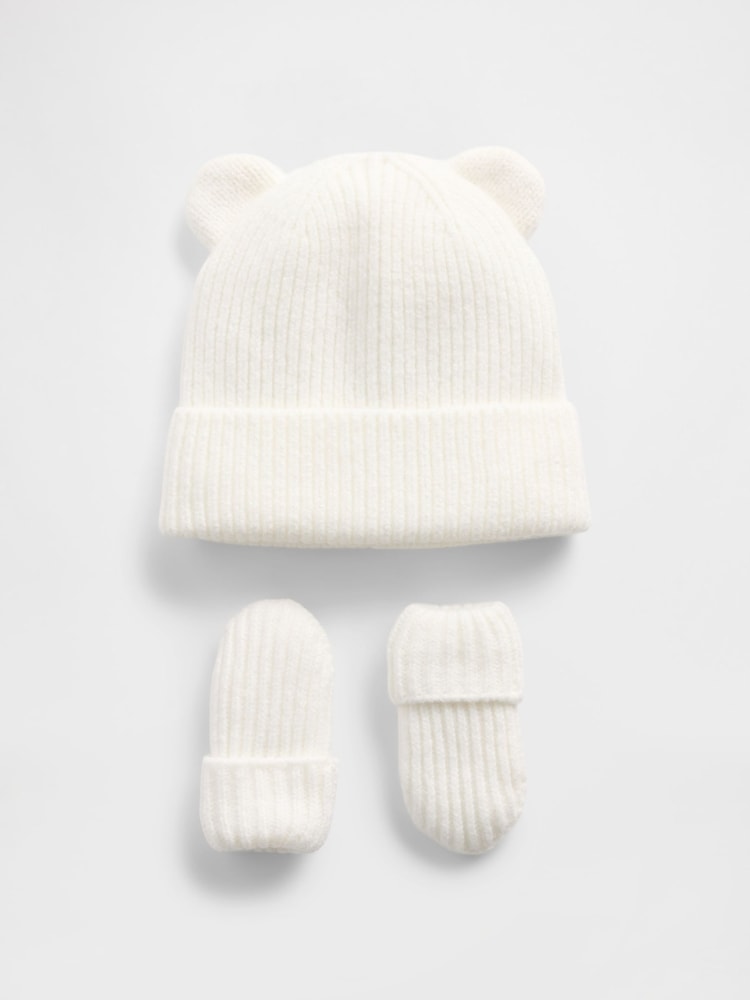 Gap White CashSoft Bear Beanie and Mittens Set (Newborn-3yrs) - Image 1 of 1 Gap White CashSoft Bear Beanie and Mittens Set (Newborn-3yrs) - Image 1 of 1