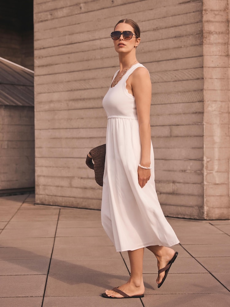 Mint Velvet White Scallop Trim Midi Dress - Image 2 of 8