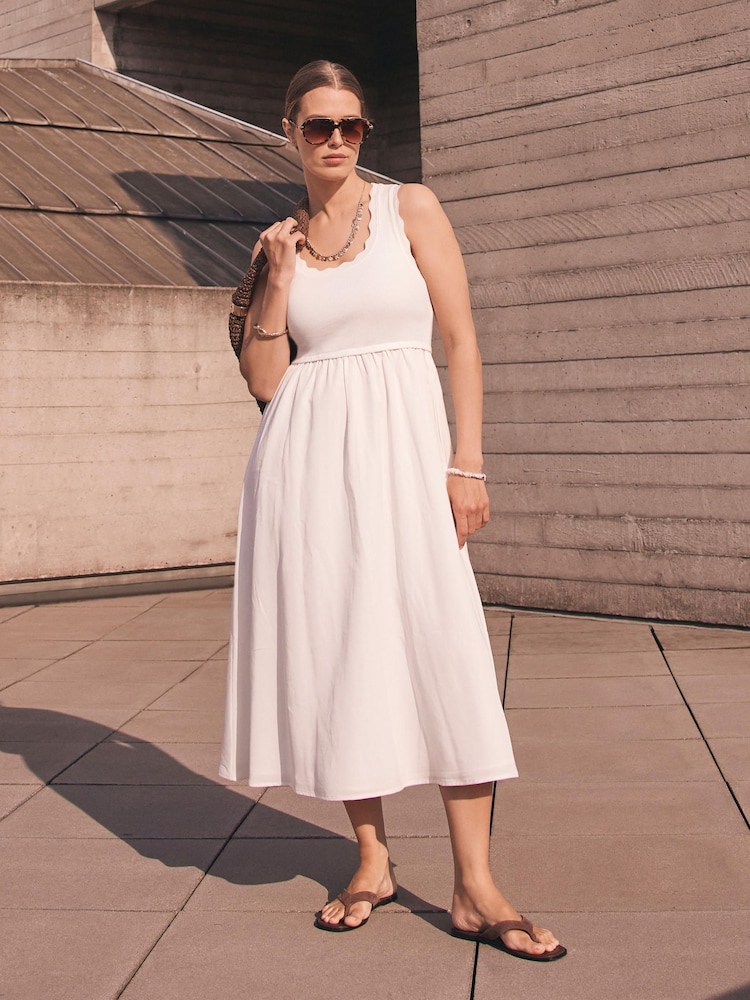 Buy Mint Velvet White Scallop Detail Woven Midi Dress from Next USA