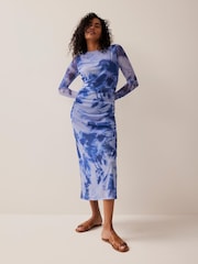Mint Velvet Blue Abstract Print Mesh Midi Dress - Image 2 of 8