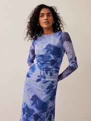 Mint Velvet Blue Abstract Print Mesh Midi Dress - Image 3 of 8