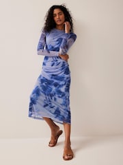 Mint Velvet Blue Abstract Print Mesh Midi Dress - Image 6 of 8