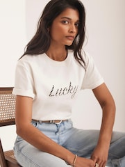 Mint Velvet Cream Cotton Cut Out Slogan T-Shirt - Image 2 of 8