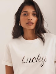 Mint Velvet Cream Cotton Cut Out Slogan T-Shirt - Image 5 of 8