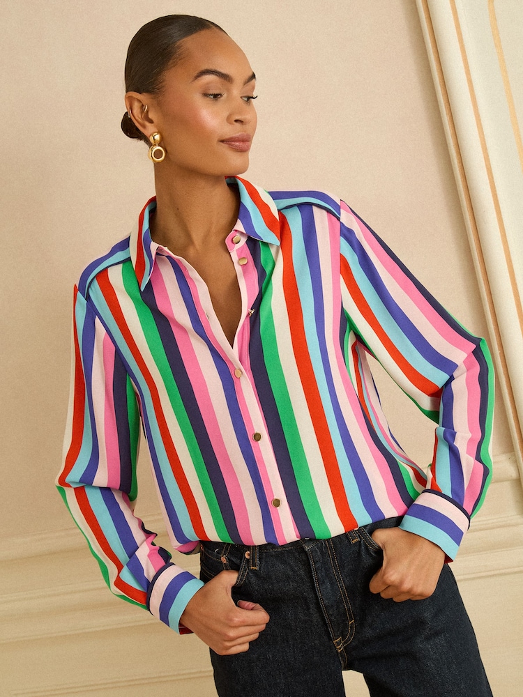 Love & Roses Multi Stripe Long Sleeve Button Through Shirt - Image 4 of 4