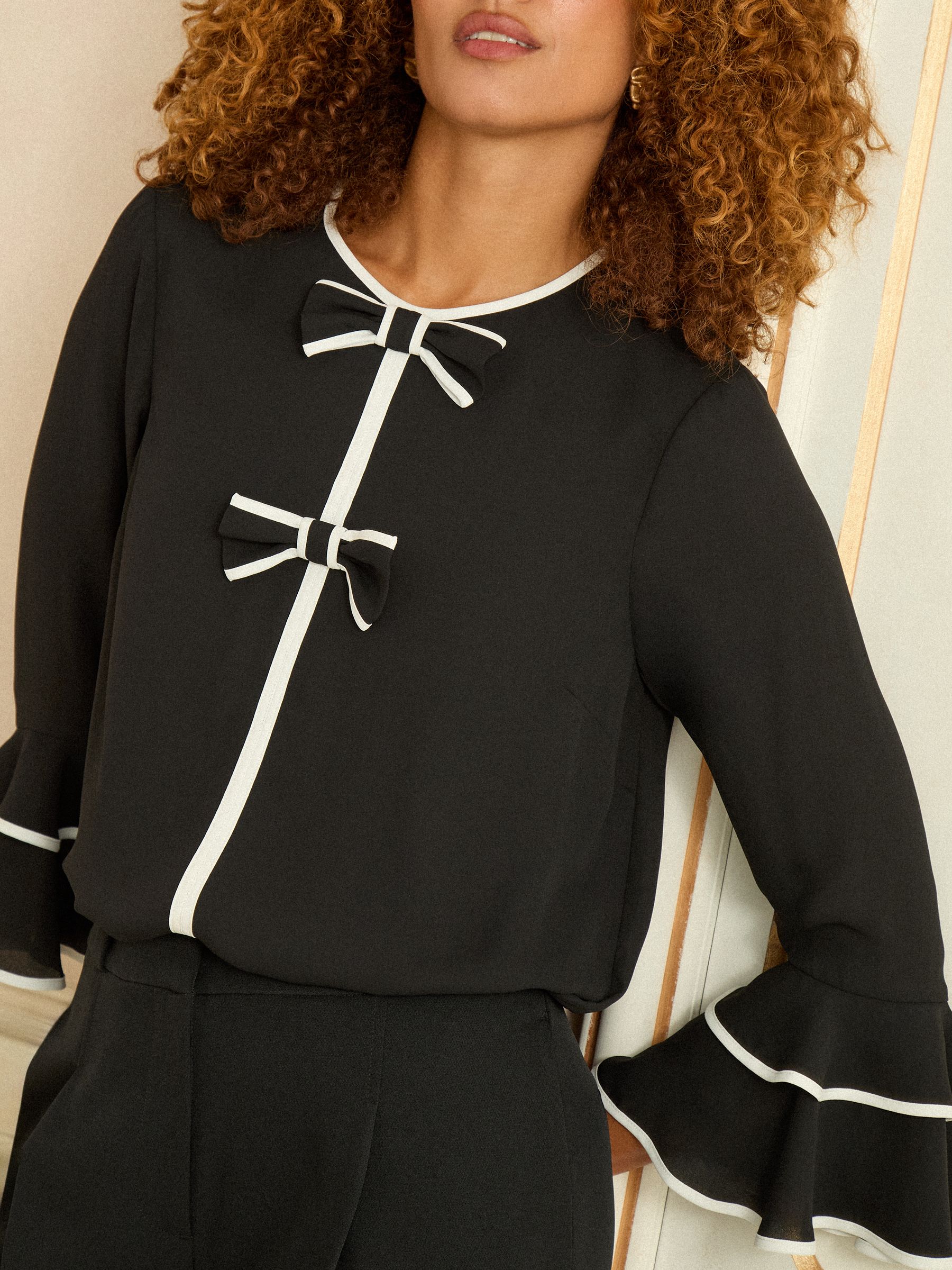 Buy Love & Roses Black White Bow Crew Neck Pleated Flute Sleeve