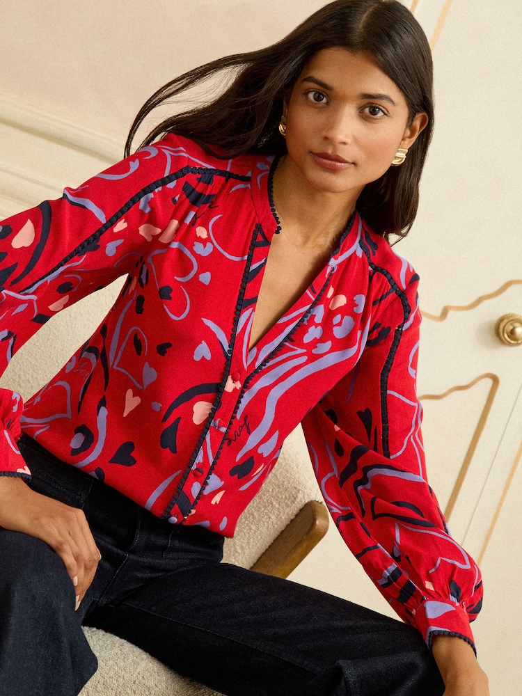 Love & Roses Red Print Notch Neck Long Sleeve Blouse - Image 1 of 4 Love & Roses Red Print Notch Neck Long Sleeve Blouse - Image 1 of 4