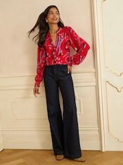 Love & Roses Red Print Notch Neck Long Sleeve Blouse - Image 3 of 4