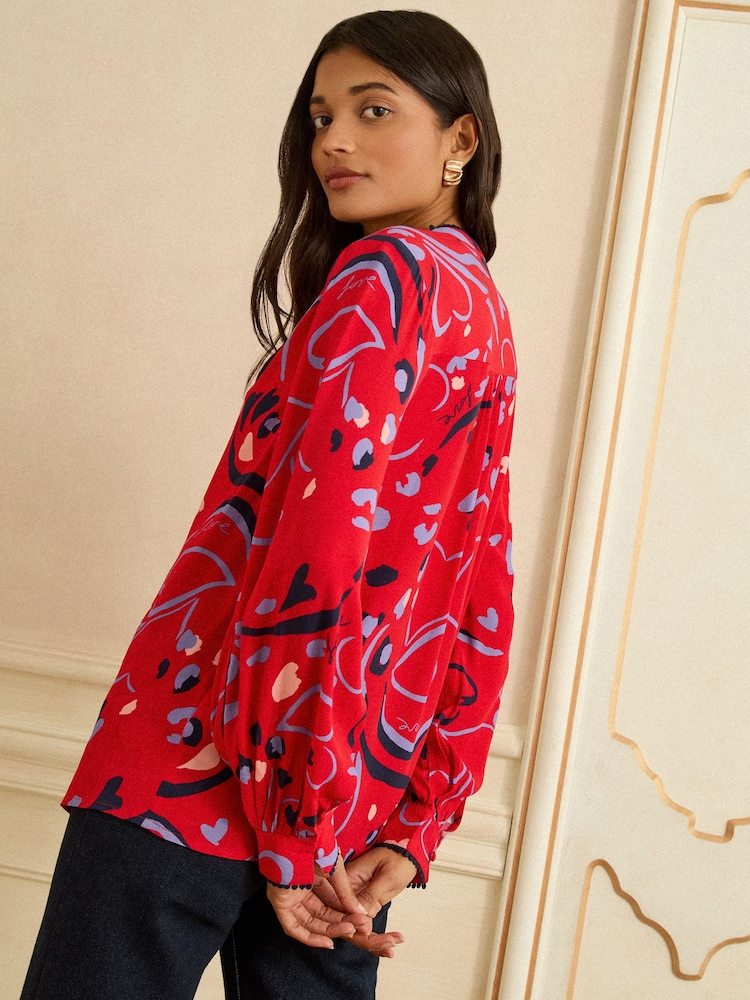 Love & Roses Red Print Notch Neck Long Sleeve Blouse - Image 4 of 4 Love & Roses Red Print Notch Neck Long Sleeve Blouse - Image 4 of 4