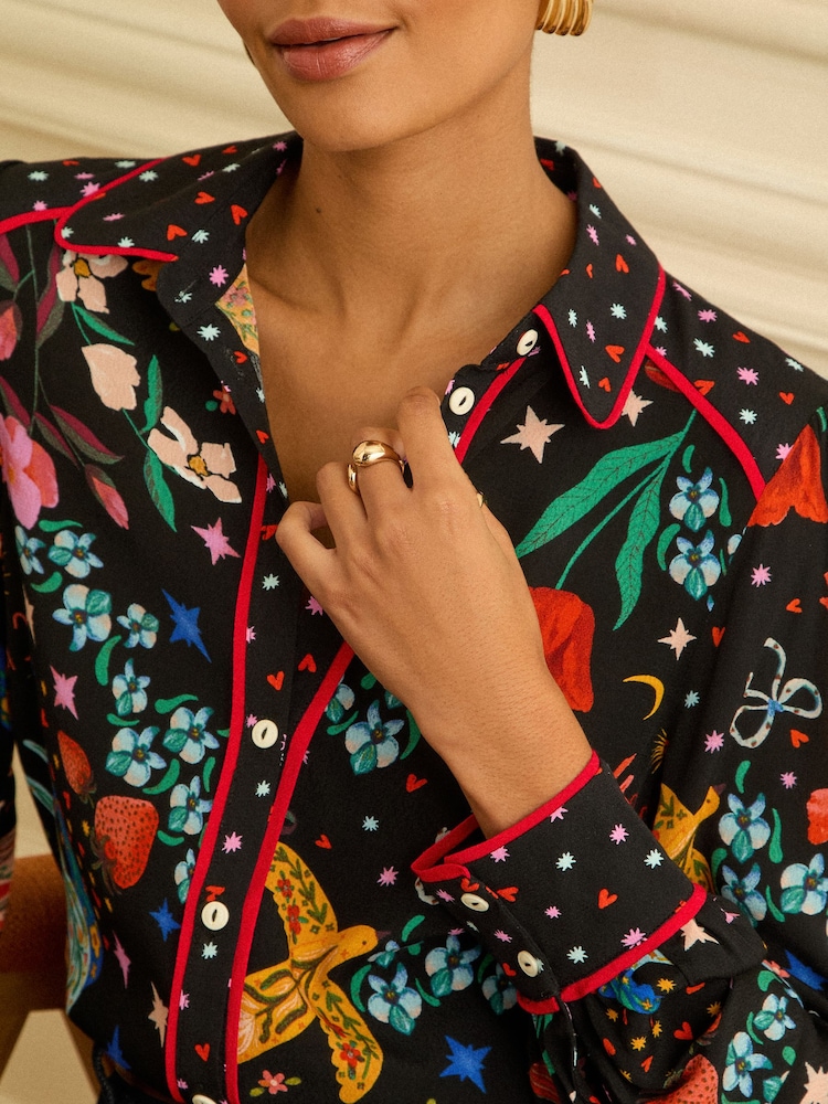 Love & Roses Black Graphic Pattern Long Sleeve Button Through Shirt - Image 2 of 4