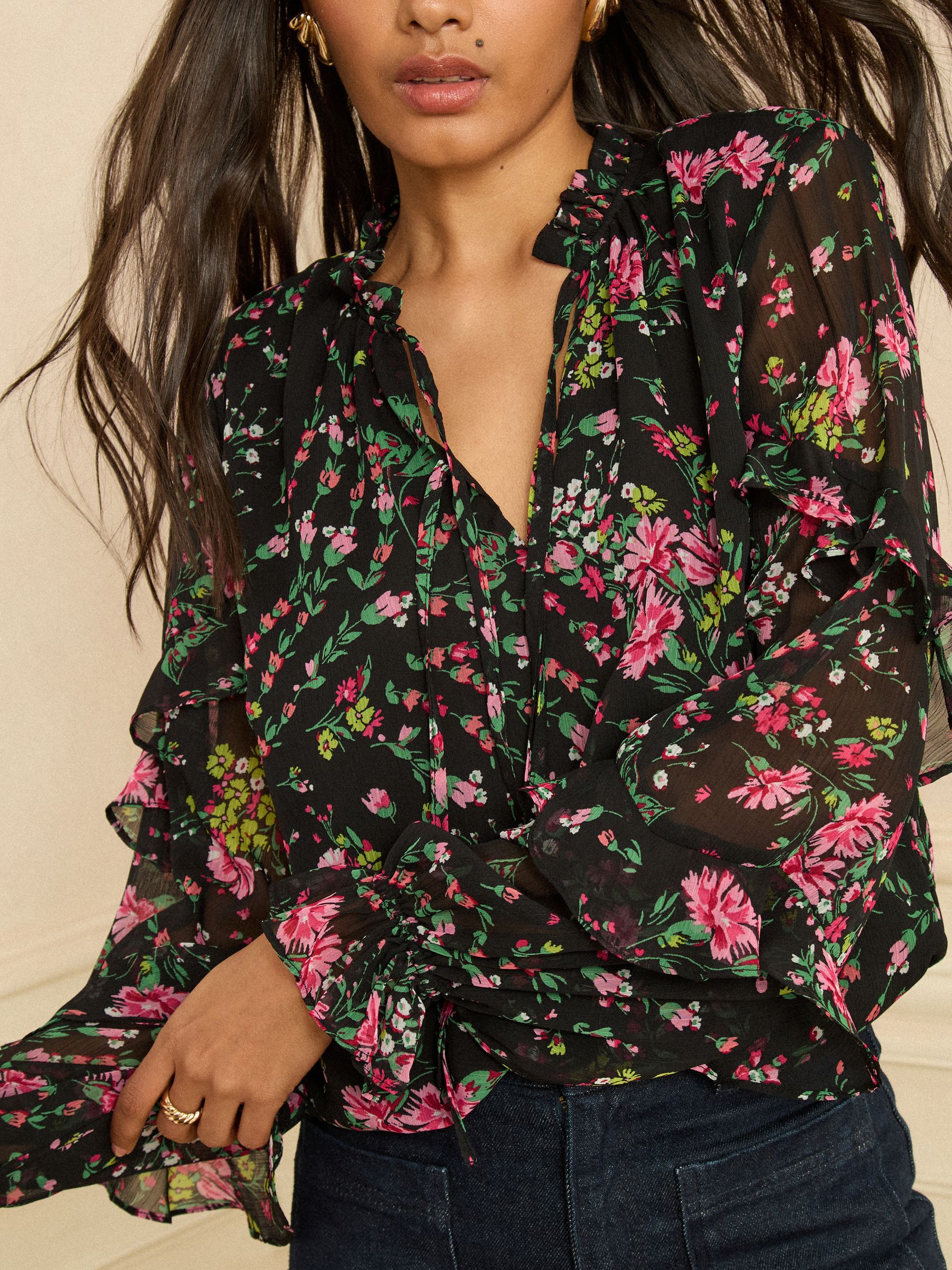 Buy Love & Roses Black Floral Notch Neck Frill Cuff Blouse from