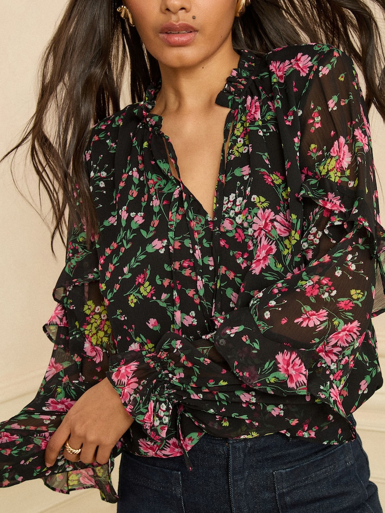 Love & Roses Black Floral Notch Neck Frill Cuff Blouse - Image 2 of 4 Love & Roses Black Floral Notch Neck Frill Cuff Blouse - Image 2 of 4