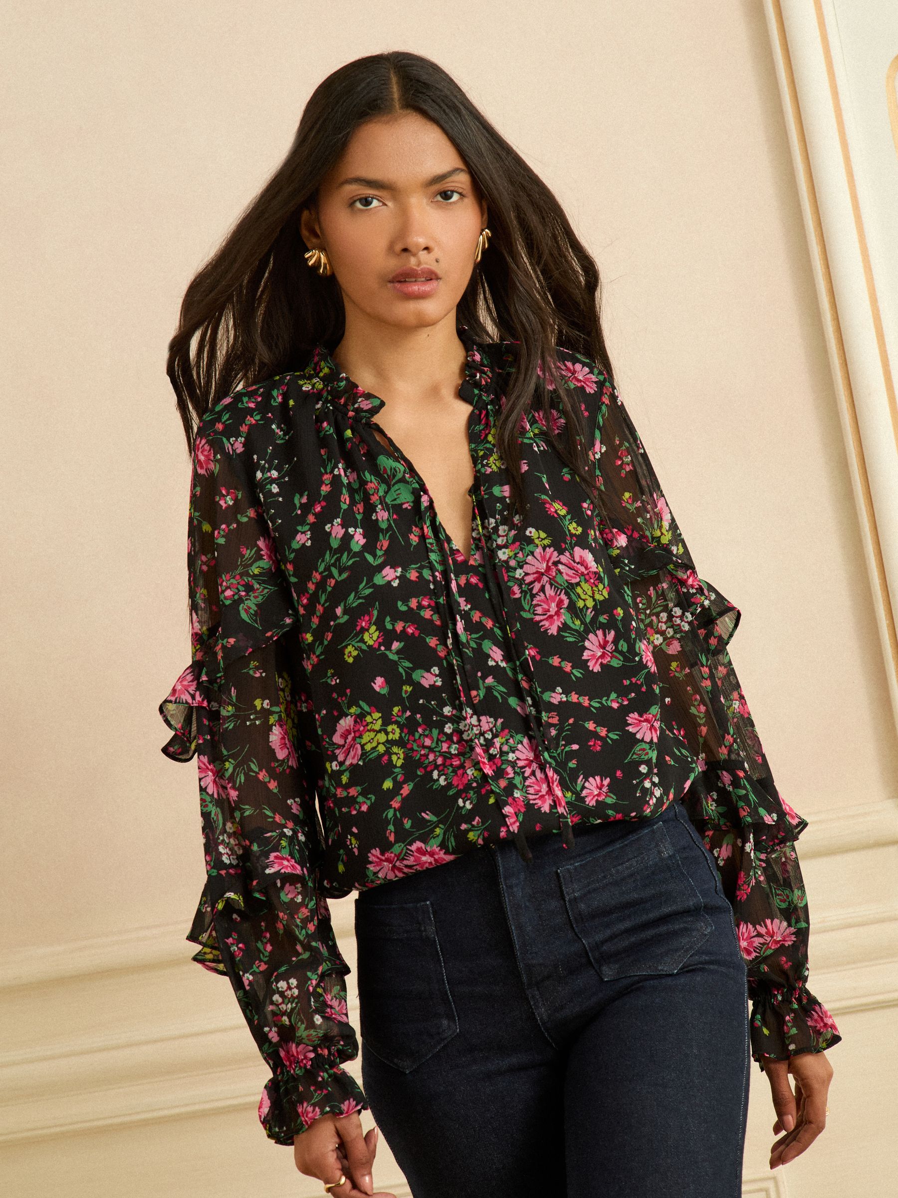 Buy Love & Roses Black Floral Notch Neck Frill Cuff Blouse from