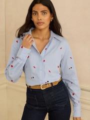 Love & Roses Blue Stripe Cosmetic Embroidered Button Through Long Sleeve Shirt - Image 1 of 4