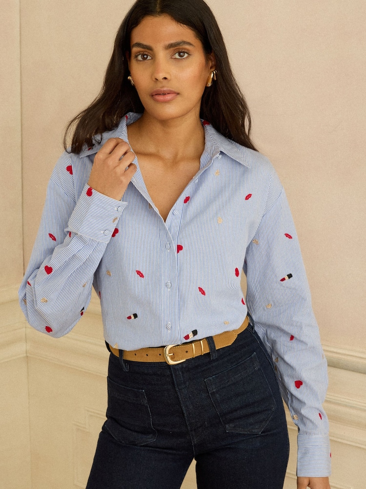Love & Roses Blue Stripe Cosmetic Embroidered Button Through Long Sleeve Shirt - Image 1 of 4