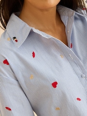 Love & Roses Blue Stripe Cosmetic Embroidered Button Through Long Sleeve Shirt - Image 2 of 4