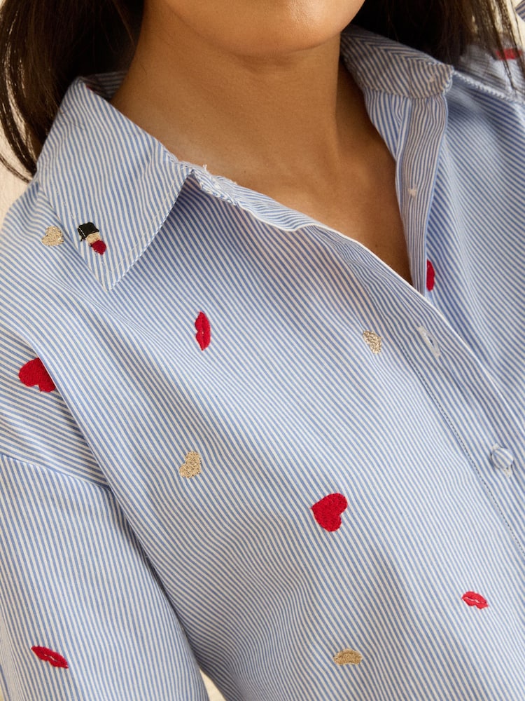 Love & Roses Blue Stripe Cosmetic Embroidered Button Through Long Sleeve Shirt - Image 2 of 4
