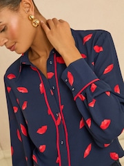 Love & Roses Navy Lips Print Long Sleeve Button Through Shirt - Image 2 of 4