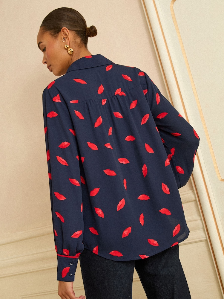Love & Roses Navy Lips Print Long Sleeve Button Through Shirt - Image 4 of 4 Love & Roses Navy Lips Print Long Sleeve Button Through Shirt - Image 4 of 4