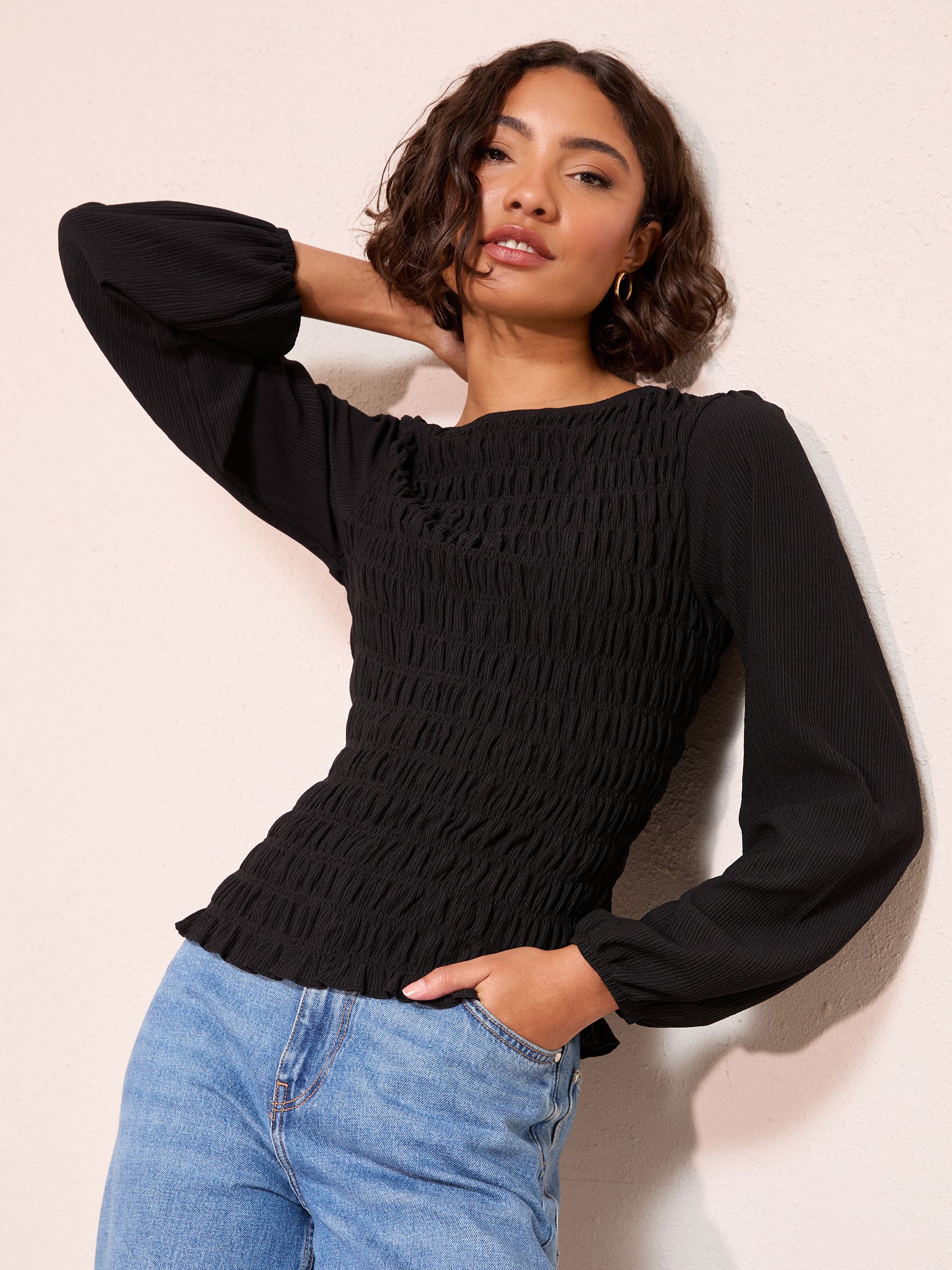 nala Linen like balloon tops ブラック4way Buy Friends Like These Black Shirred Body Balloon Sleeve Top from