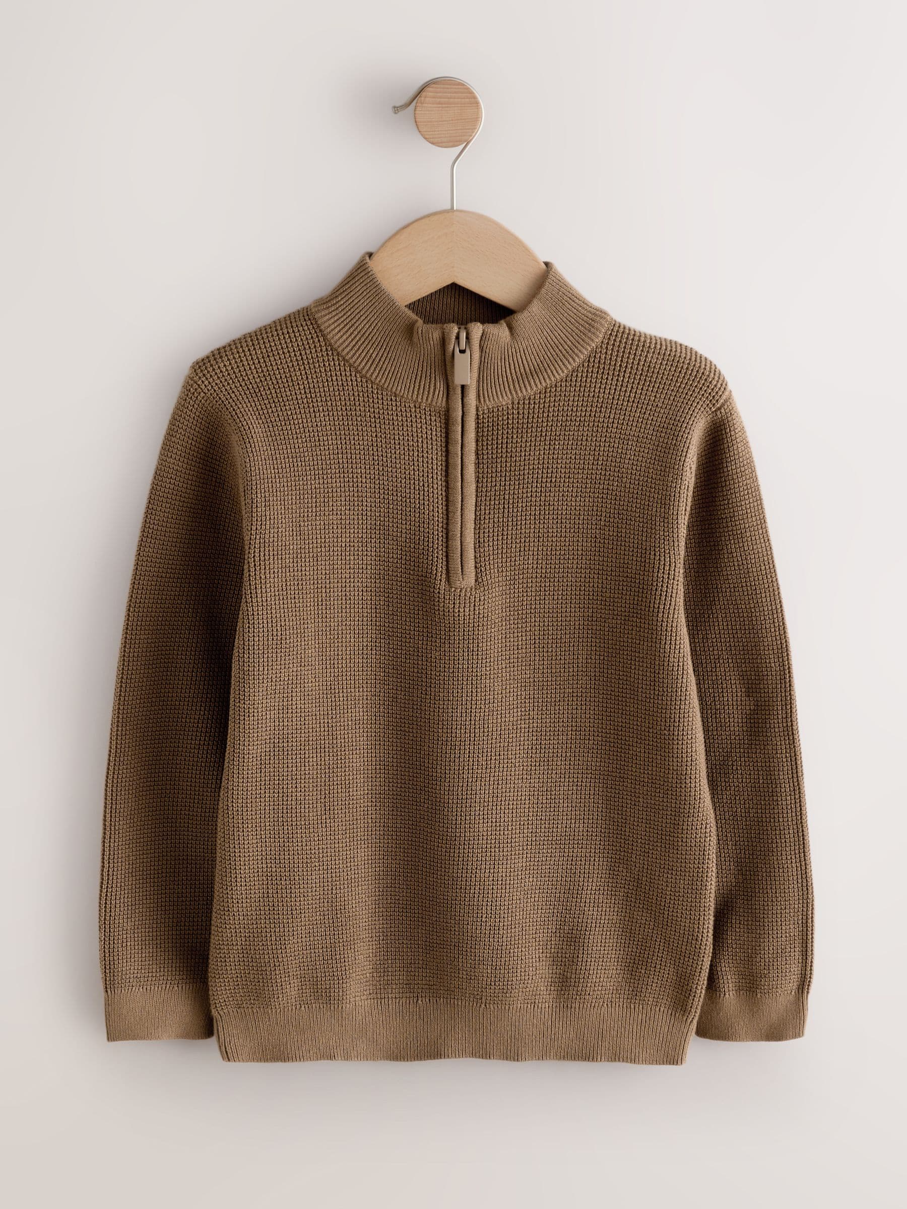 Buy Chocolate Brown Textured Knitted Zip Neck Jumper (3-16yrs