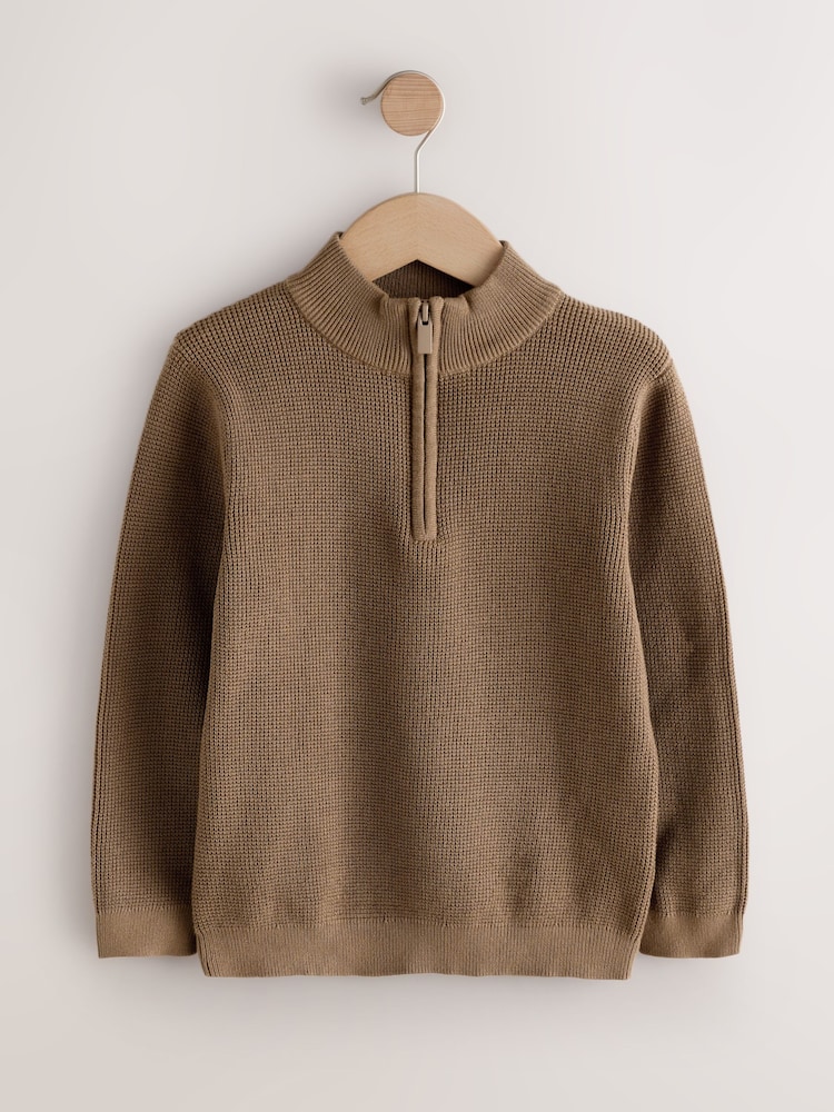Chocolate Brown Textured Knitted Zip Neck Jumper (3-16yrs) - Image 1 of 4