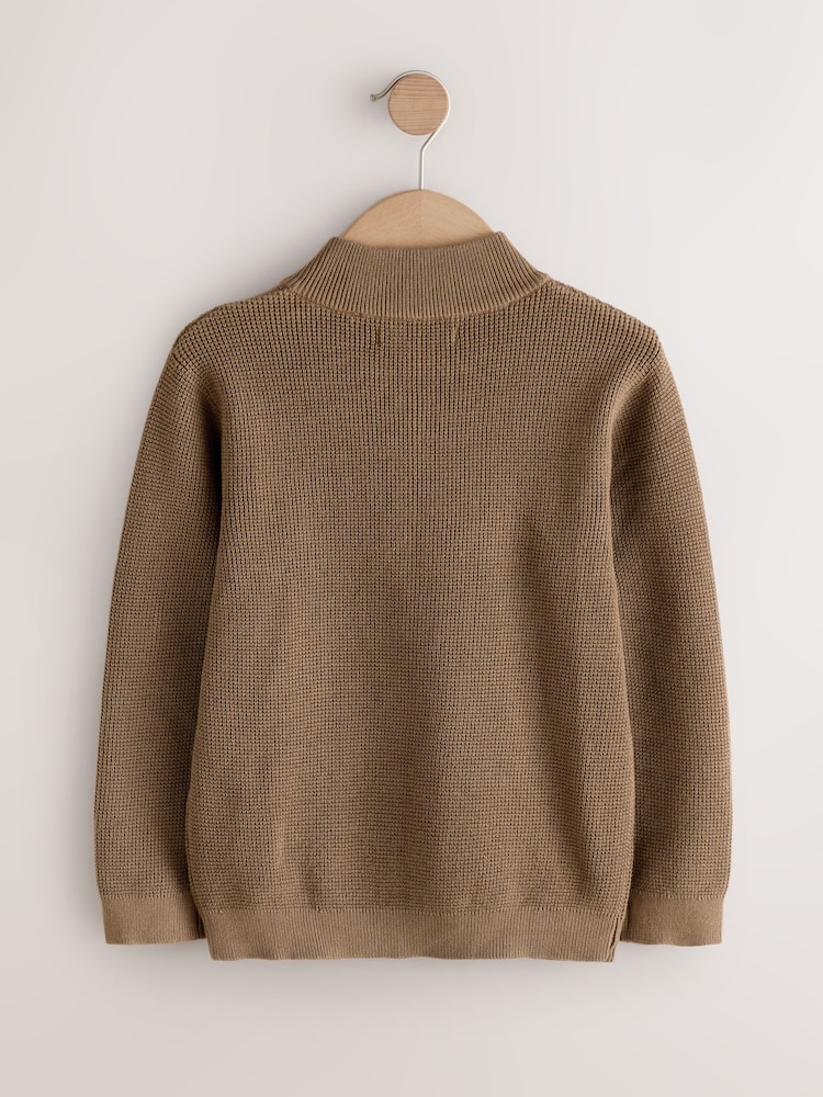 Chocolate Brown Textured Knitted Zip Neck Jumper (3-16yrs) - Image 2 of 4