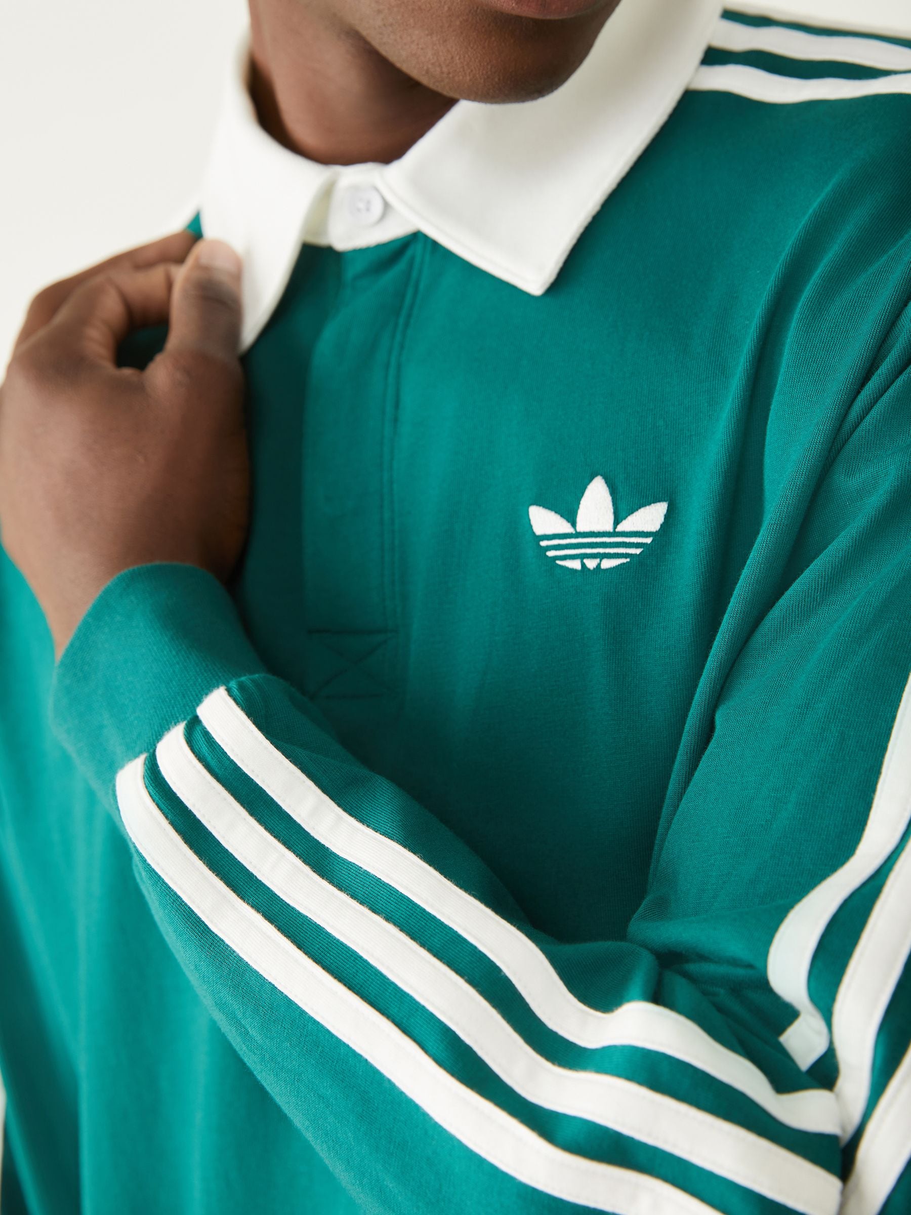 Buy adidas Originals Green 3 Stripes Rugby Long Sleeve Polo Shirt