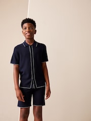 Navy Blue Textured Knitted Polo Shirt and Shorts Set (3-16yrs) - Image 2 of 9
