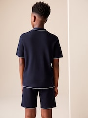 Navy Blue Textured Knitted Polo Shirt and Shorts Set (3-16yrs) - Image 3 of 9