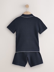 Navy Blue Textured Knitted Polo Shirt and Shorts Set (3-16yrs) - Image 6 of 9