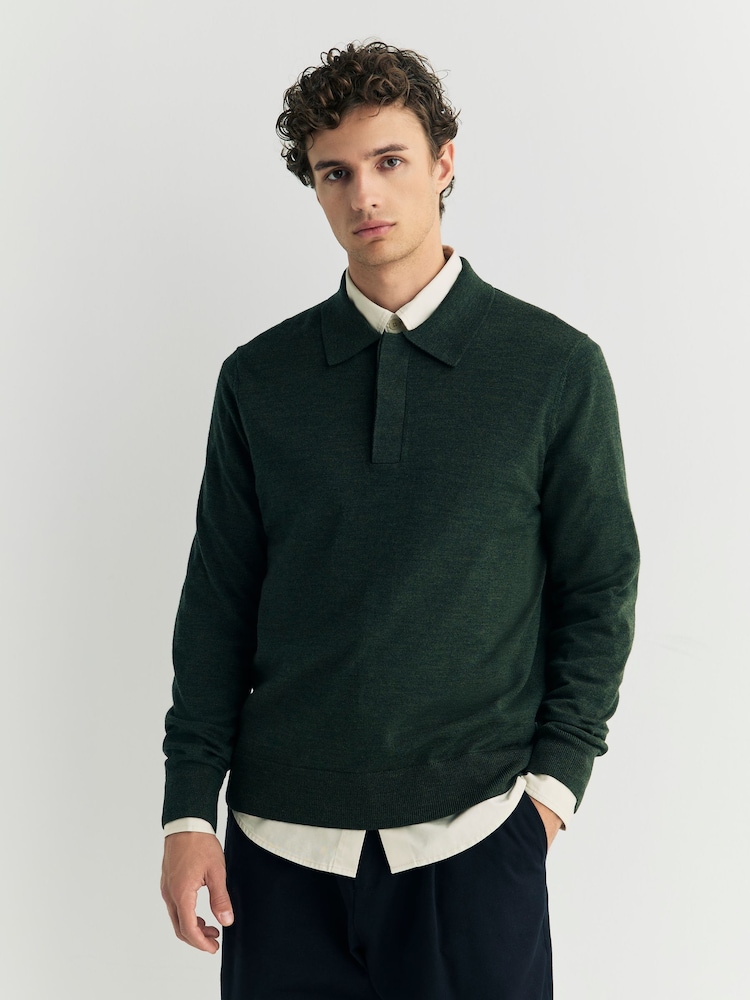 NN.07 Green Emerson Long Sleeve Polo Jumper - Image 1 of 5 NN.07 Green Emerson Long Sleeve Polo Jumper - Image 1 of 5