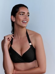 Mint Velvet Black Textured Padded Underwired Plunge Bikini Top - Image 1 of 3