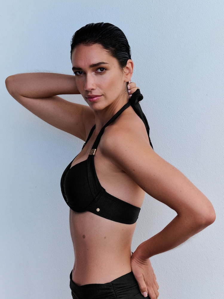 Mint Velvet Black Textured Padded Underwired Plunge Bikini Top - Image 3 of 3 Mint Velvet Black Textured Padded Underwired Plunge Bikini Top - Image 3 of 3
