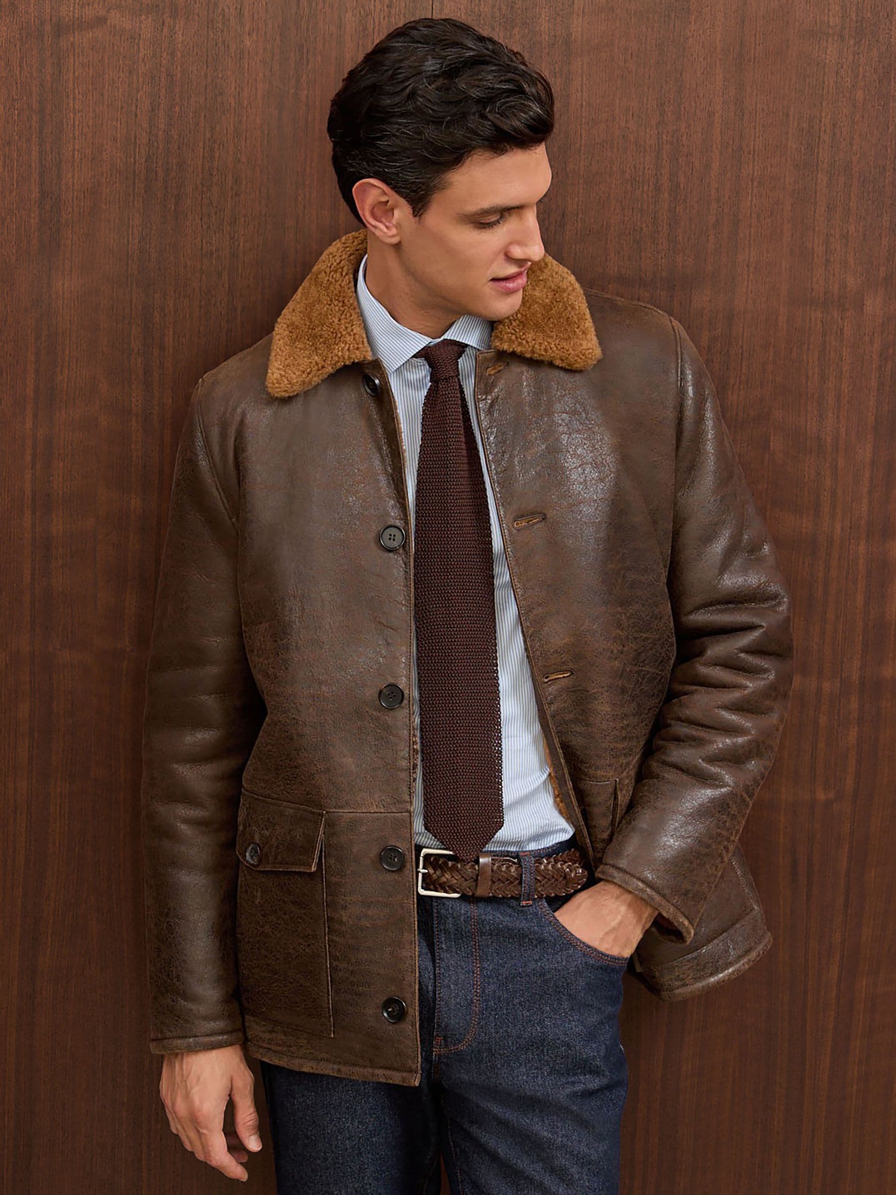 Buy Reiss Brown Halfield Atelier Shearling Leather Jacket from
