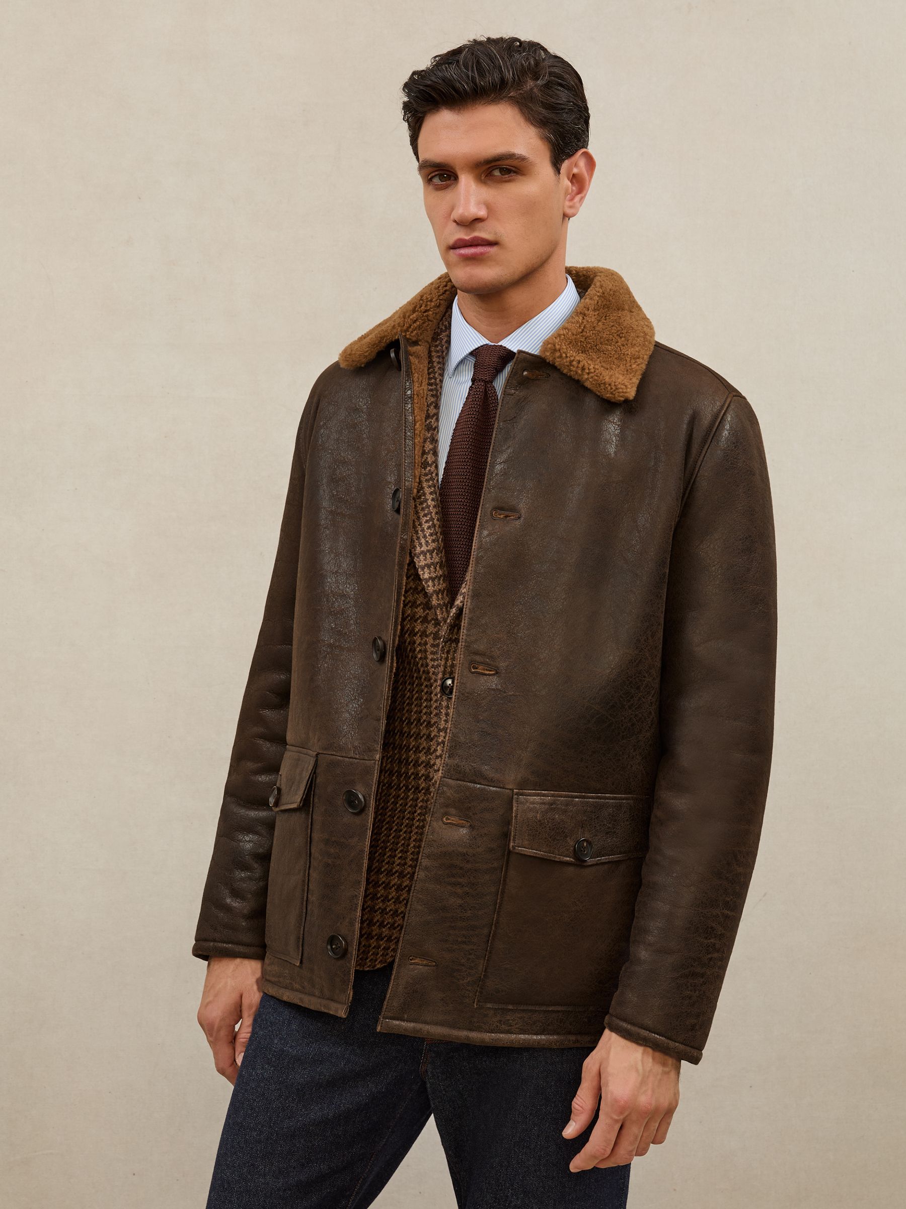 Buy Reiss Brown Halfield Atelier Shearling Leather Jacket from