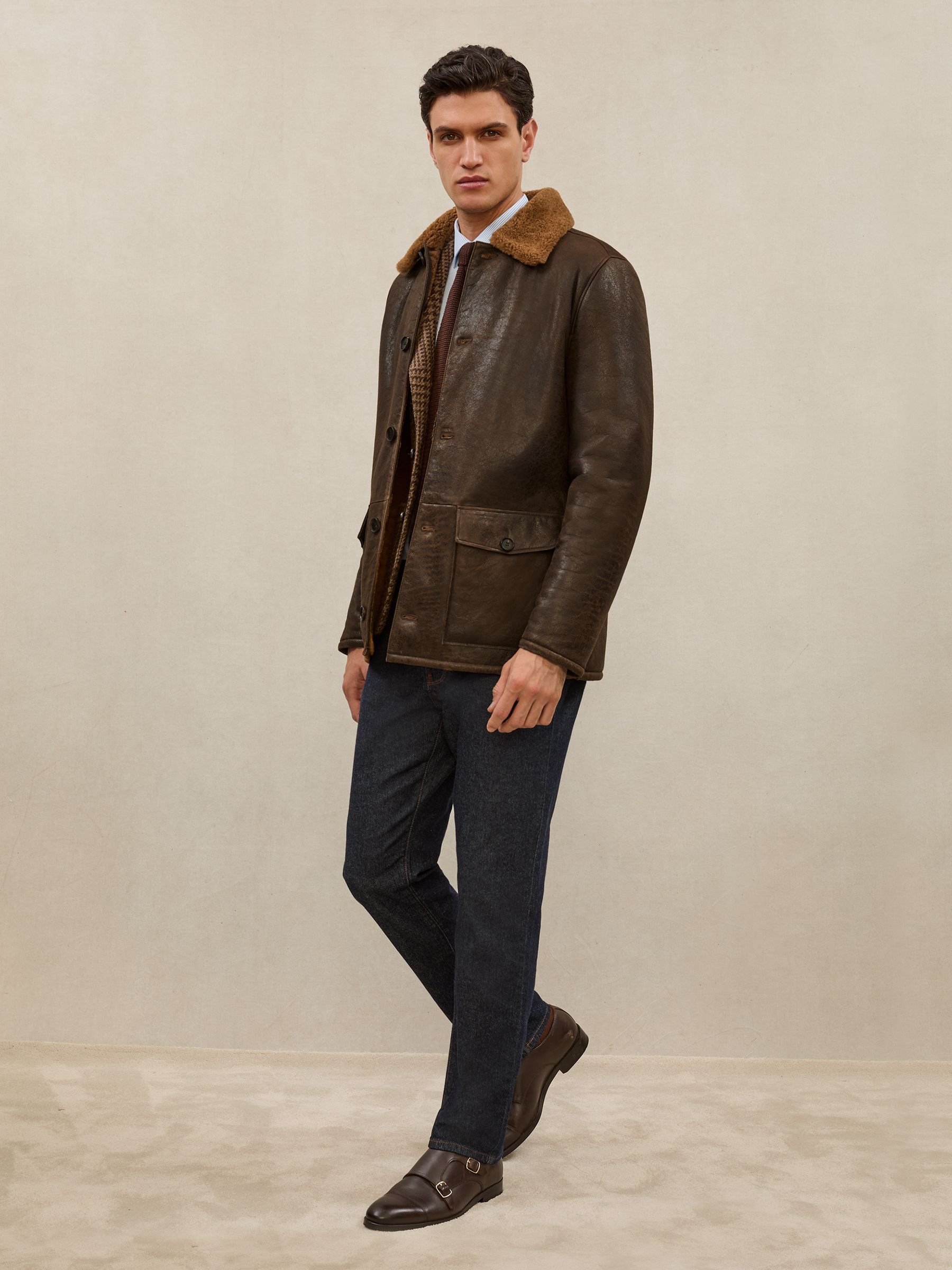 Buy Reiss Brown Halfield Atelier Shearling Leather Jacket from