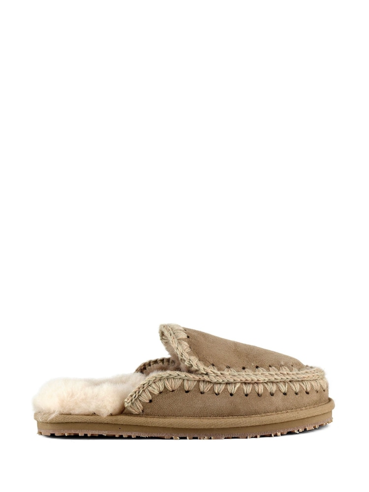 Mou Nude Suede Full Eskimo Sheepskin Lined Stitch Mule Slippers - Image 1 of 4 Mou Nude Suede Full Eskimo Sheepskin Lined Stitch Mule Slippers - Image 1 of 4