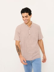 FatFace Bugle Dark Natural Bold Stripe Short Sleeve Grandad Popover Shirt - Image 1 of 6