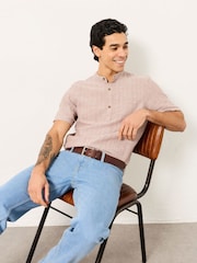 FatFace Bugle Dark Natural Bold Stripe Short Sleeve Grandad Popover Shirt - Image 4 of 6
