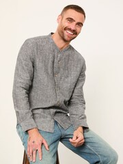 FatFace Bugle Washed Black Bold Stripe Long Sleeve Grandad Linen Cotton Shirt - Image 1 of 5