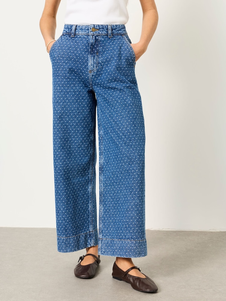 FatFace Hove Blue Denim Spot Wide Leg Crop Jeans - Image 1 of 5