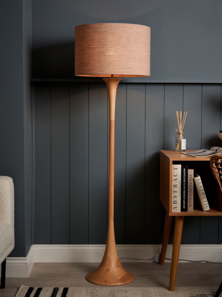 BHS Natural Lea Trombone Wooden Floor Lamp - Image 1 of 6