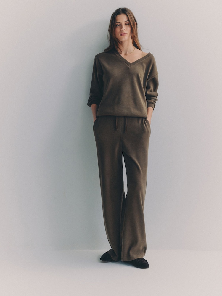 The Set Waffle V-Neck Sweat Top And Wide Leg Jogger Set Taupe Brown - Image 1 of 6