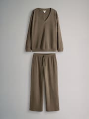 The Set Waffle V-Neck Sweat Top And Wide Leg Jogger Set Taupe Brown - Image 2 of 6