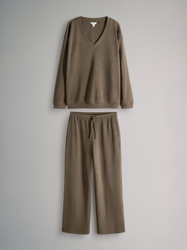 The Set Waffle V-Neck Sweat Top And Wide Leg Jogger Set Taupe Brown - Image 2 of 6